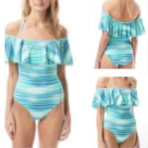 Vince Camuto Printed Ruffled Off-The-Shoulder One-Piece Swimsuit Size 8